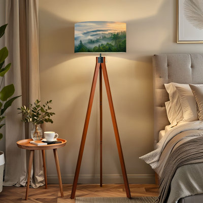  Tripod Standing Lamp Misty Mountain Forest Landscape Evergreen Trees Soft Sunrise Light Remote Controlled Dimmable LED Floor Lamp with Beech Wood Legs & Detachable Linen Shade for Farmhouse Apartment Living Room and Bedroom