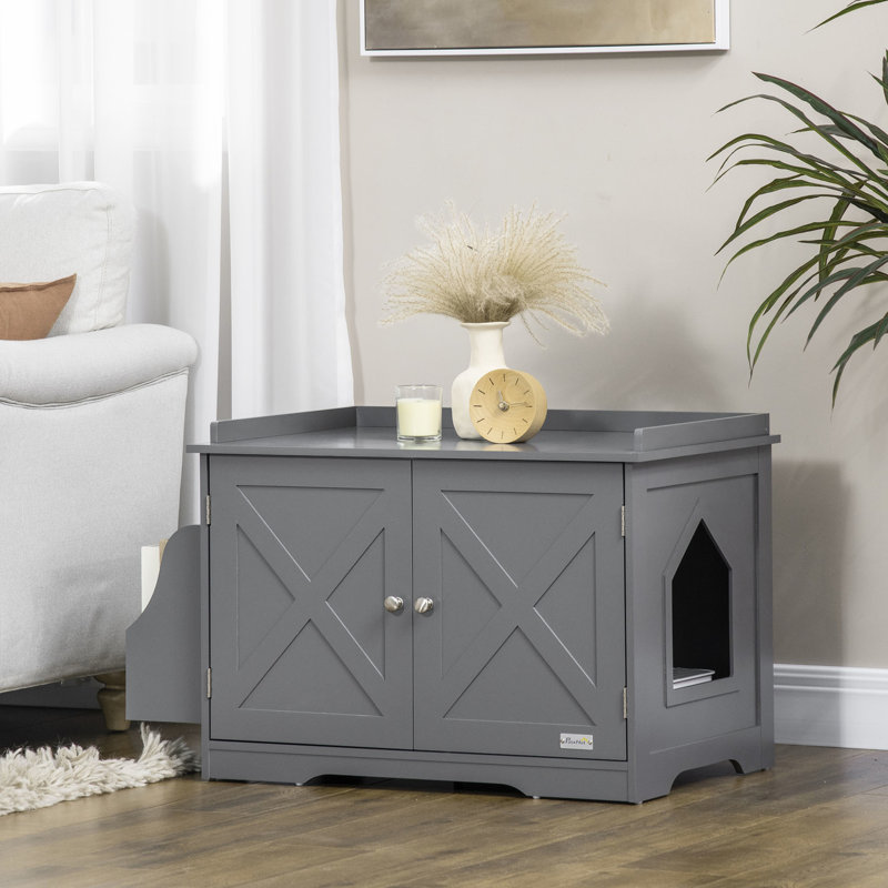 Armoire à litière pour chat gris avec tablette latérale et fermeture magnétique, rehaussant votre espace de vie en gris, intérieur de porte pour animaux de compagnie organisés
