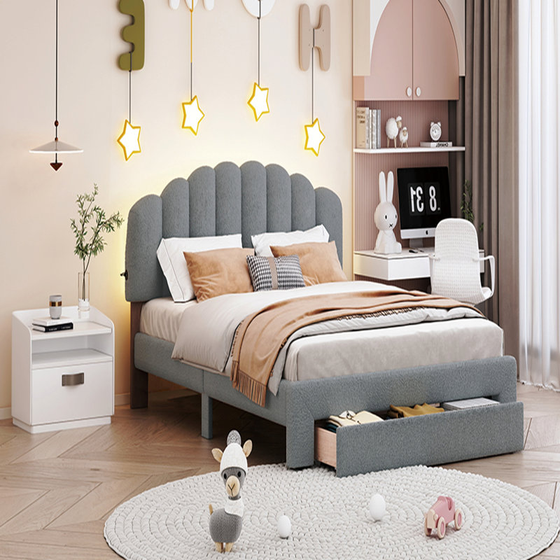 Teddy Queen Size Upholstered Platform Bed With Drawer, Gray