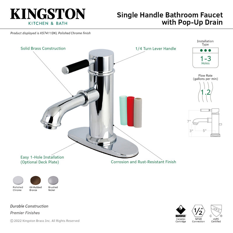 Kingston Brass Kaiser Single-Handle 1-Hole Deck Mount Bathroom Faucet with Brass Pop-Up, Brushed Nickel