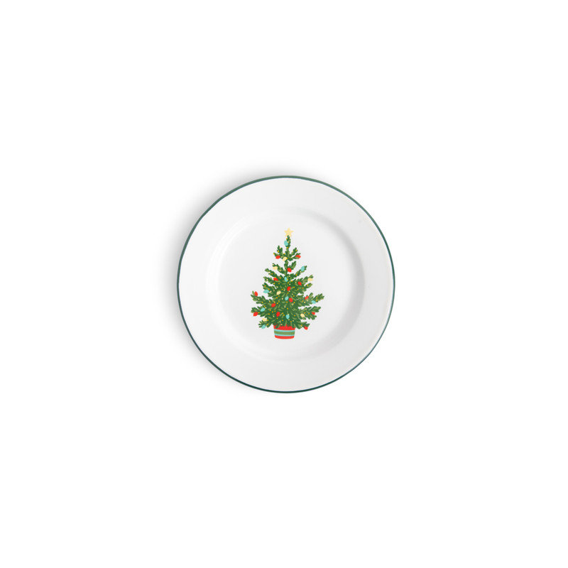 Crow Canyon Enamelware Helmsie x CCH Christmas Tree Flat Salad Plates, Green Rim