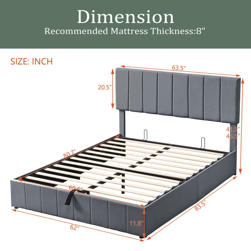 Lit plateforme tapissier avec système de rangement hydraulique, Grand