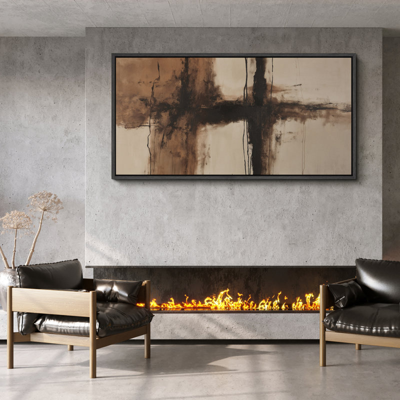 «Rustic Cross-Form Brushstroke Abstract» en brun et noir - impression sur toile encadrée de la chambre principale, Noir