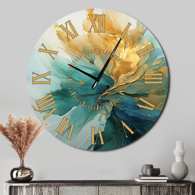 Gold And Teal Aurora Harmony - Abstract Spirals Golden Face Wall Clock
