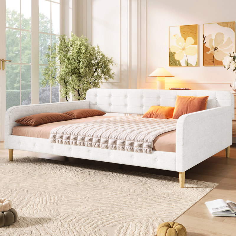 Lit de jour beige Queen Size, recouvert de lin, 4 pieds de soutien, structure solide, polyvalent pour la maison, montage facile, design moderne, assise et couchage confortables, sommier non requis