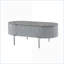 Table basse grise très brillante et chromée avec un design ovale rond, un style moderne et un espace de rangement supplémentaire pour le salon