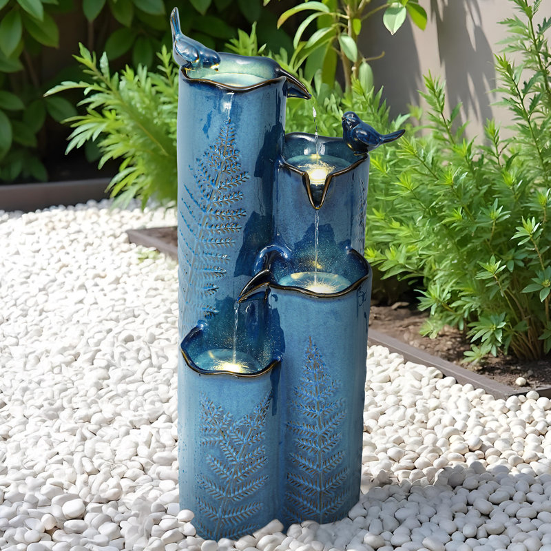 32"H 4-Tier Ceramic Outdoor Water Fountain with LED Light, Turquoise