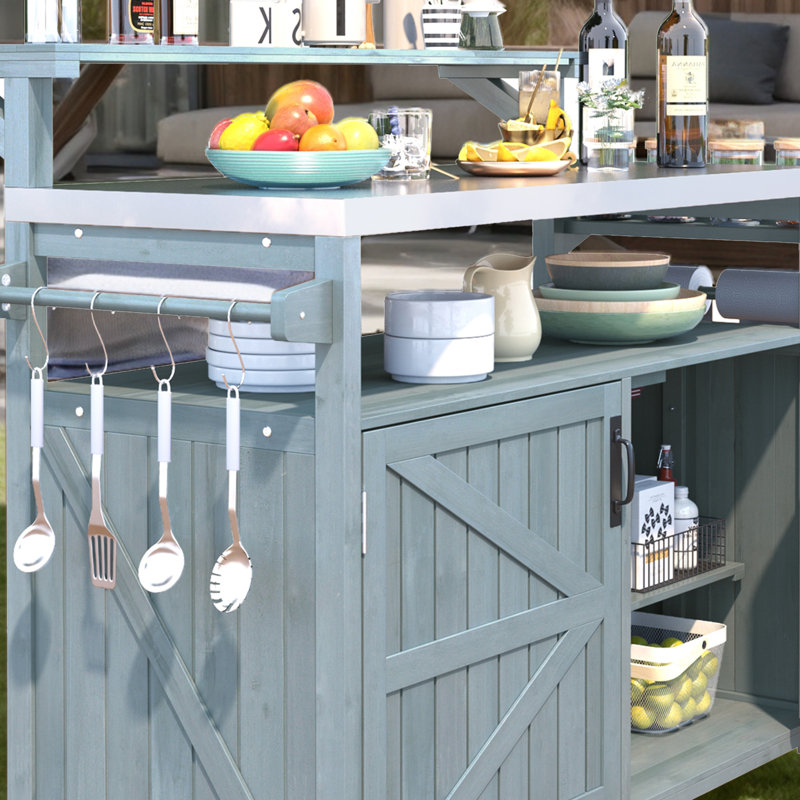 Îlot de cuisine extérieur avec armoire de rangement, table de gril avec plateau en acier inoxydable et support à épices