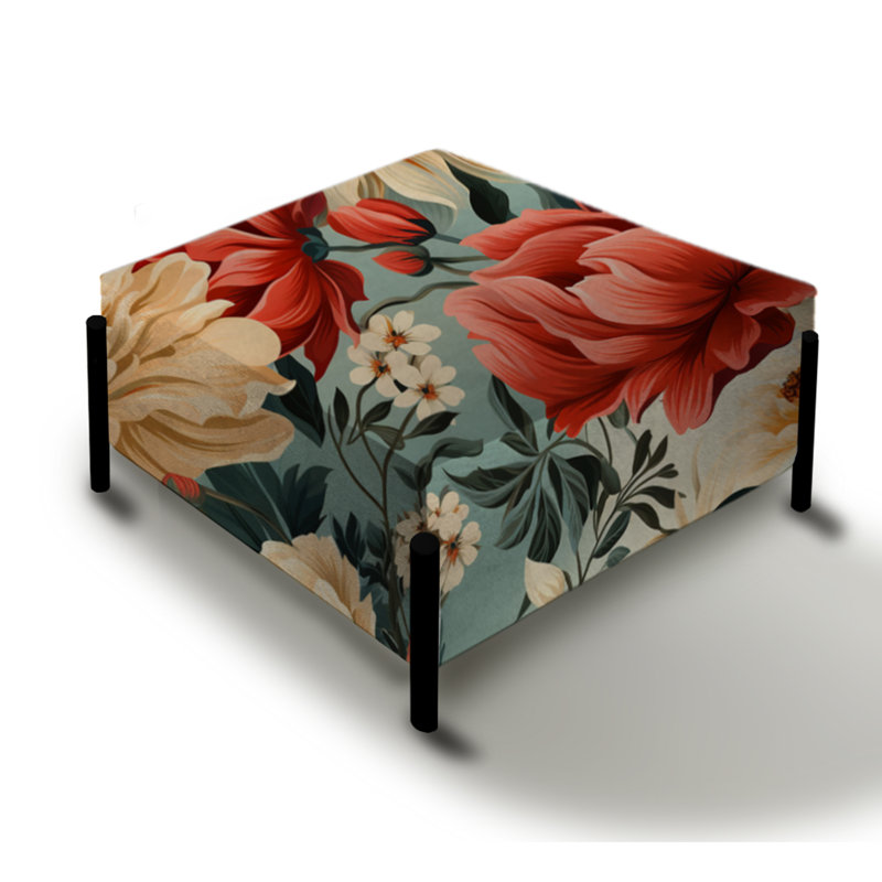 Grand repose-pieds carré rétro floral beige et corail Nostalgia