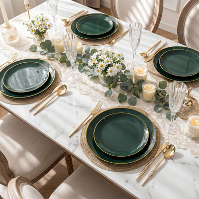 WELLIFE 150Pcs Green Plastic Plates with Gold Rim, Fancy Disposable Plates,Green Plates Set include 30 Dinner Plate,30 Dessert Plate, 90 Plastic Silverware Set for Wedding&Party