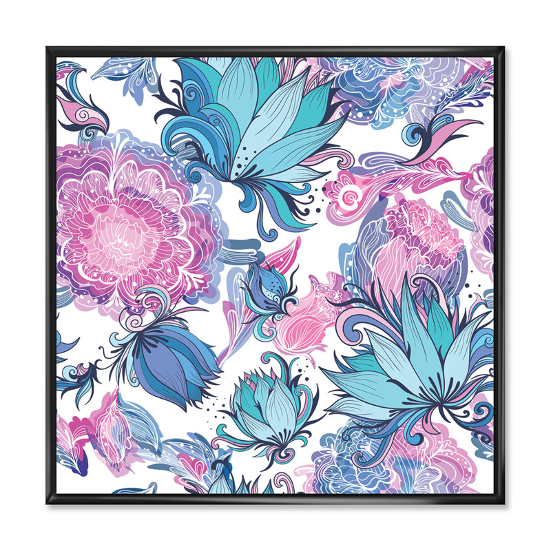 Fleurs romantiques élégantes en rose et bleu - Impression sur toile, H 16 po x l 16 po, Cadre flottant noir
