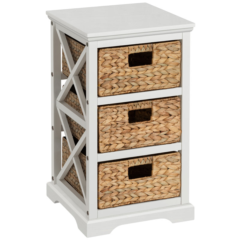 Backman Solid Wood 3 - Drawer X-Side Square End Table with 3 Wicker Storage Baskets, White, White