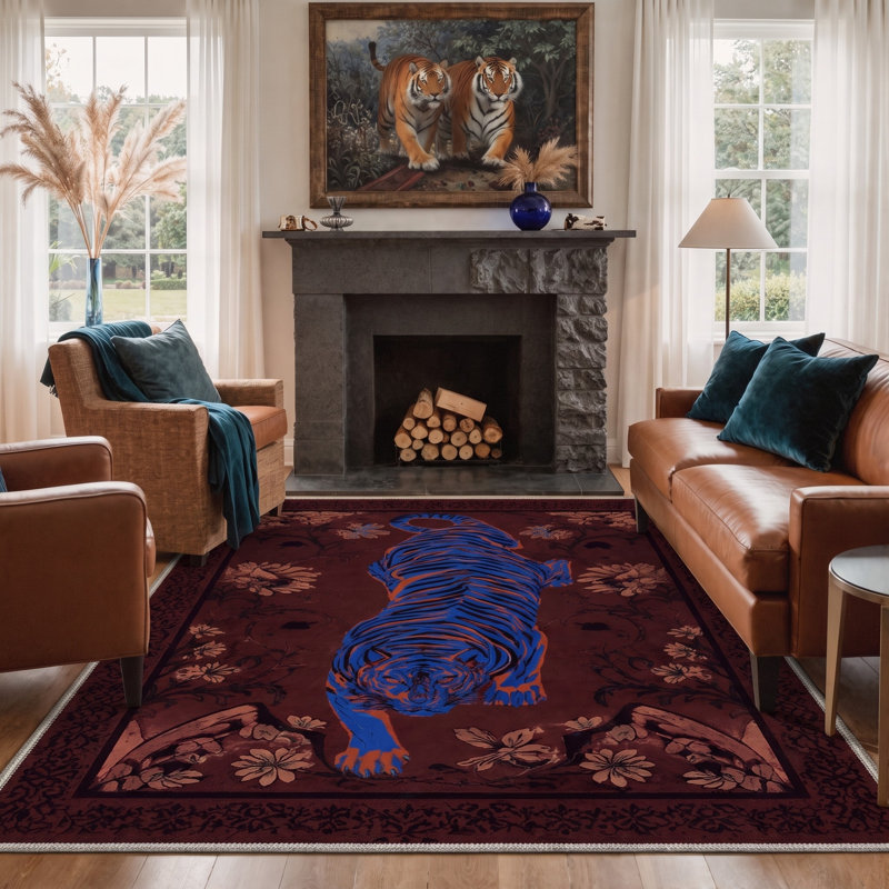 Tapis lavable antidérapant à motif animal brun / bleu Performance, Rectangle 9' x 12'