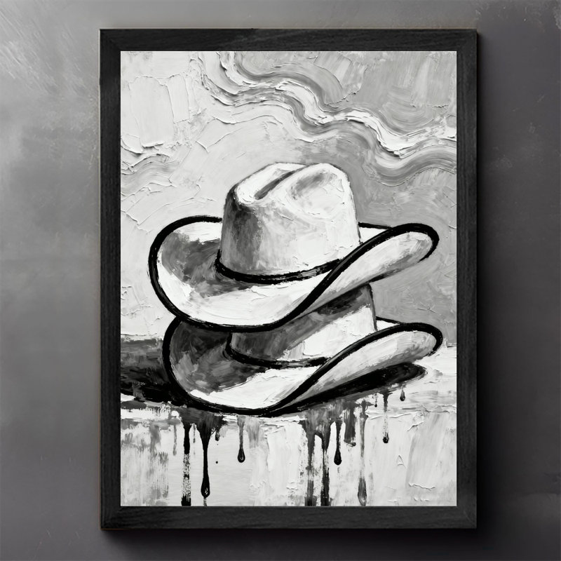 Cadre noir rétro Un chapeau de cowboy représenté avec des coups de pinceau épais, impressions encadrées de style rétro