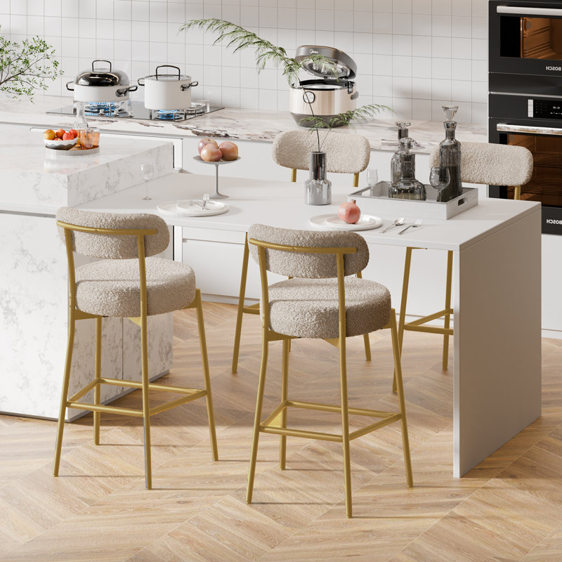Bar Stools Set Of 4, Counter Height Bar Stools With Back And Metal Legs, High Top Island Chairs With Footrest, Sherpa Tall Kitchen Housel Boucle