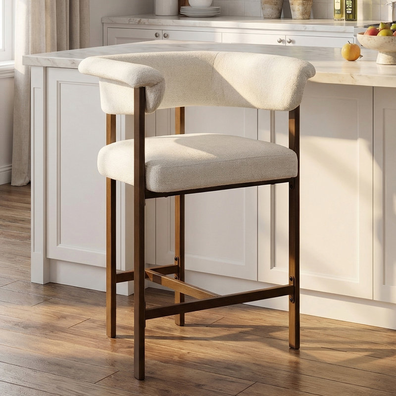Tabouret de bar et de comptoir rembourré de 26 po avec pieds en métal, Blanc, 3