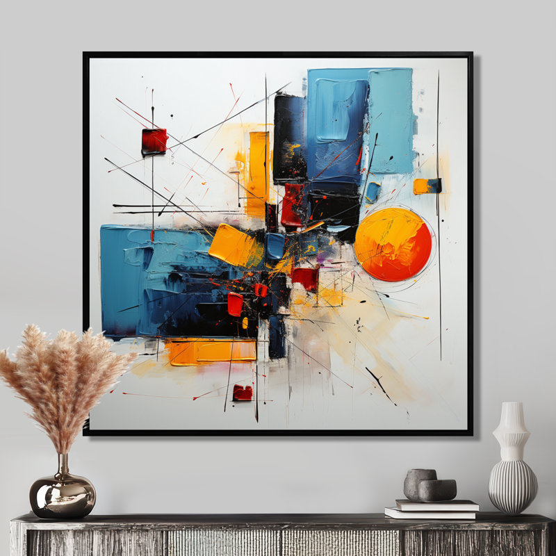 Coucher de soleil orange déconstruit - décoration murale abstraite, Toile avec cadre flottant noir