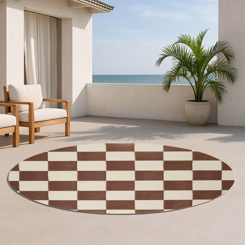 Tapis d'intérieur et d'extérieur à carreaux beige, Rond 5 pi
