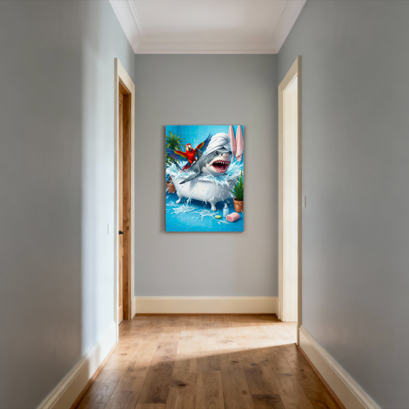 Ensemble de 1 tableau sur toile représentant un requin dans une baignoire avec un perroquet, H 40 po x l 28 po