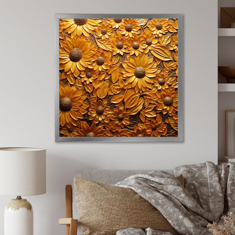 Tournesol doré rayonnant sur toile, H 36 po x l 36 po x P 1,5 po, Cadre simple argenté