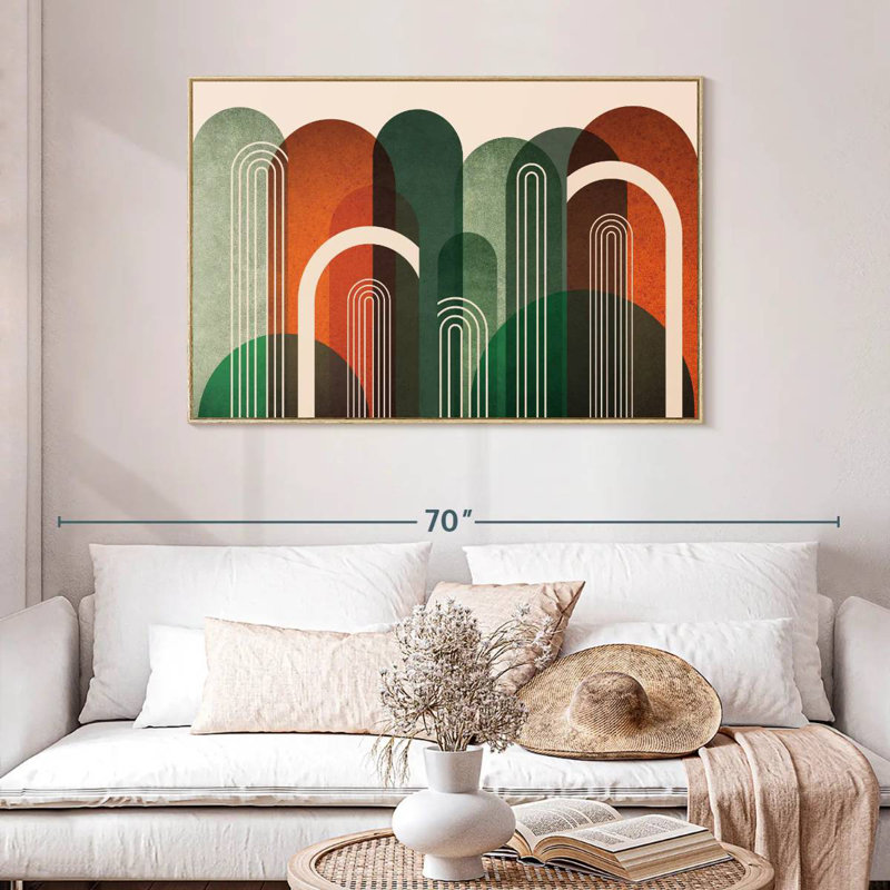Mid-Century Arches Orange Green, Floating Frame Natural Wood, 46" X 31"