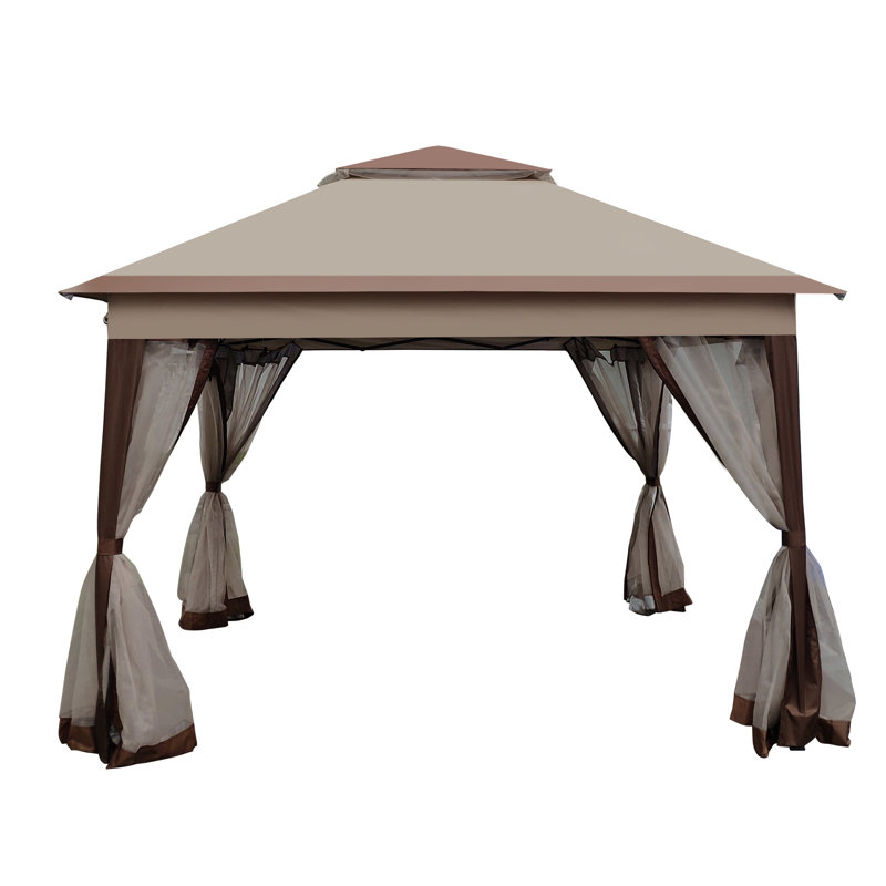 11X11ft Outdoor Gazebo. Removable Zipper Netting. Steel Frame. Wind Resistance. For Backyard, Garden. Coffee Color Pop Up 2 Soft Top With Mesh Powder Coated Protected. Ideal For Garden, Camping.
