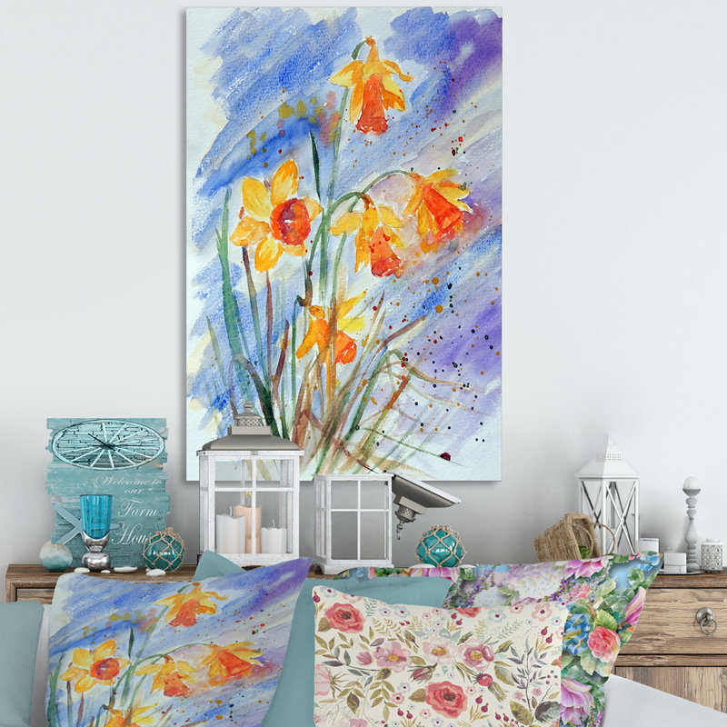 Printemps fleurissant jaune orange - œuvre d'art traditionnelle sur toile, H 20 po x l 12 po x P 1 po, Toile tendue