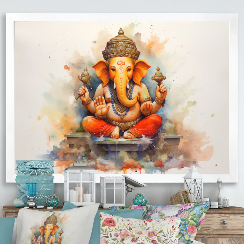 Éléphant vibrant d'Hinduisim II, Cadre simple blanc, H 12 po x l 20 po x P 1 po