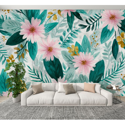 Papier peint adhésif rétro avec fleurs sauvages roses, fleurs Boho, aquarelle, fleurs sauvages, fleurs murales, marguerite, papier peint amovible en PVC, l 100 po x l 144 po