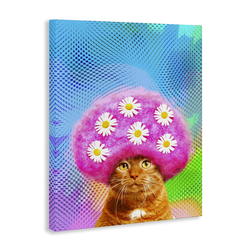 «Groovy Daisy Wig Cat», art mural sur toile par Michael Quackenbush, H 40 po x l 30 po