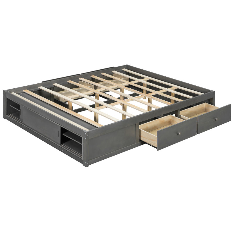 Platform Bed Frame With 4 Storage Drawers And Footboard Storage Cubby, No Headboard, Modern Space-Saving Design, Gray
