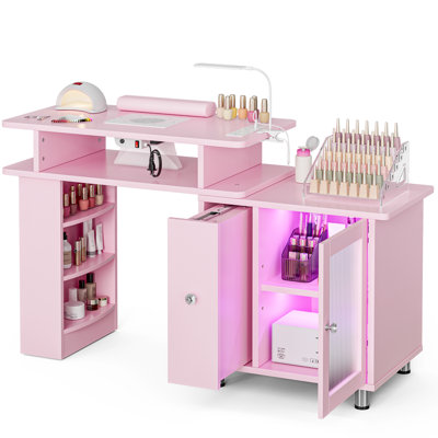 Manicure Table Nail Desk with LED Lamp & Light, Glass Cabinet Door Nail Table Station w/Dust Collector, Charging Station, Removable Acrylic Container, Cabinet and Drawer(Pink)