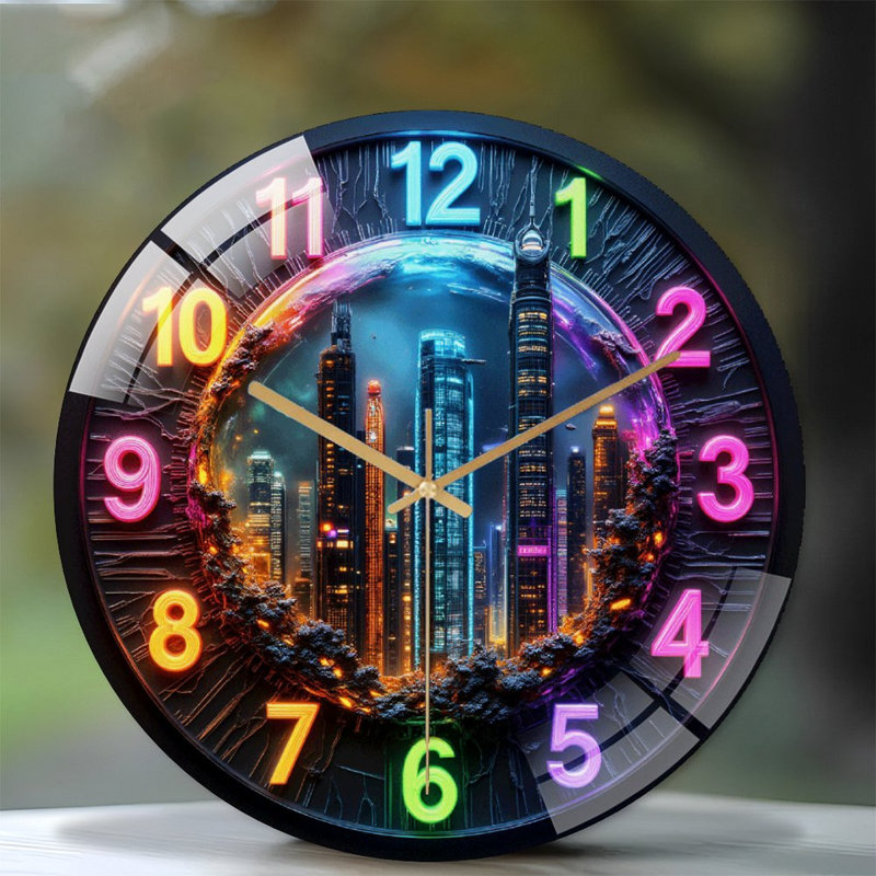 Modern Landscape Wall Clock with Colorful LED Lights(1) Art - 12'' Modern Glass Wall Clock