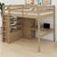 Structure de lit mezzanine en bois tout-en-un avec garde-robe intégrée, bureau de poste de travail, tablettes de rangement ouvertes et tiroirs-312849651