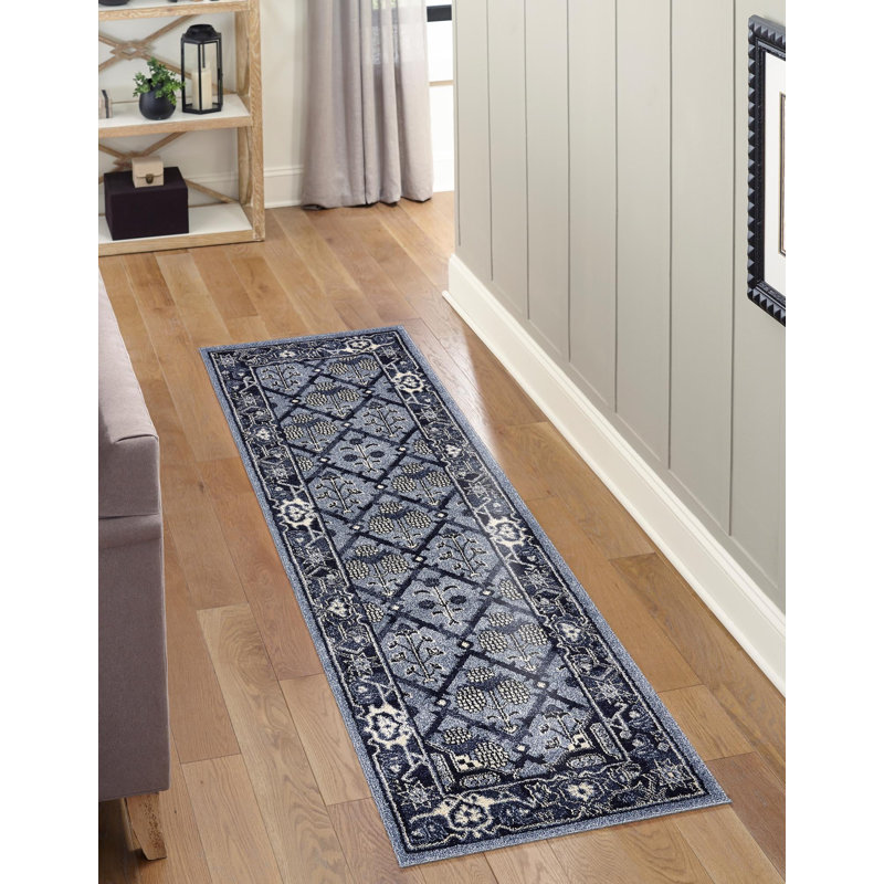 Tapis géométrique bleu / ivoire / bleu marine / bleu clair Hartle, Tapis de couloir 2 pi x 6 pi 1 po