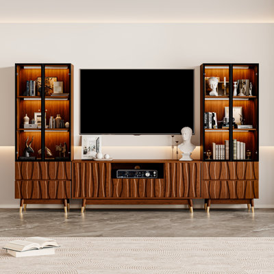 Meuble audio-vidéo 103,1 po avec tablettes pour téléviseur de 55 po, meuble télé avec pieds en bois et bibliothèque en verre clair, console média moderne Mid-Century avec tiroirs pour le salon