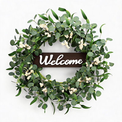 20" Artificial Eucalyptus Wreath with Welcome Sign - Greenery & White Berry Clusters - Spring/Summer Farmhouse Front Door Decor, American Carton Packaging - Color: Eucalyptus Leaf Wreath