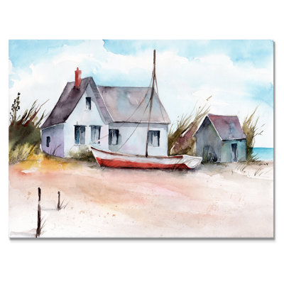 Maison avec petit bateau sur une plage I - Peinture sur toile