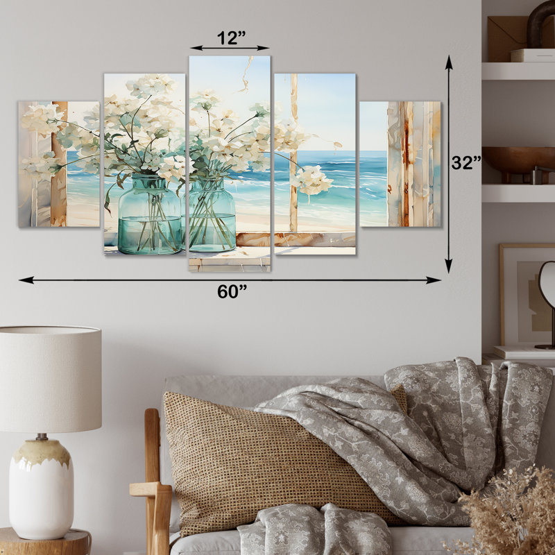  «Blue Window Beachfront View Blooms I - Coastal Windows Multipanel Wall Art Decor