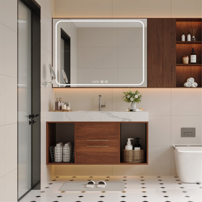 Meuble-lavabo flottant 39,4 po avec lavabo en céramique, 2 tiroirs à fermeture en douceur et plateau en ardoise blanche