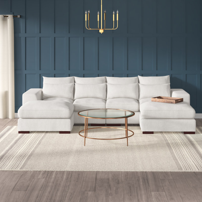 Biaggio Modular U-Shaped Sectional with 2 Ottomans, Beige Linen Blend, 34.25" H x 123.24" W x 37.8" D