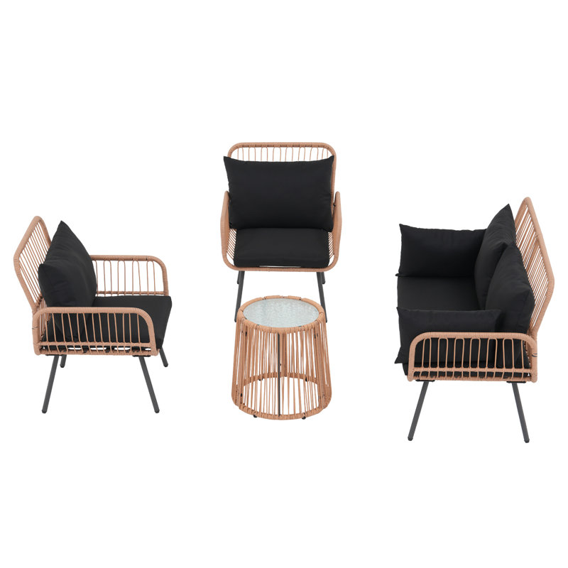 Ensemble de conversation d'extérieur avec coussins 4 pièces, Noir, noir, noir, noir