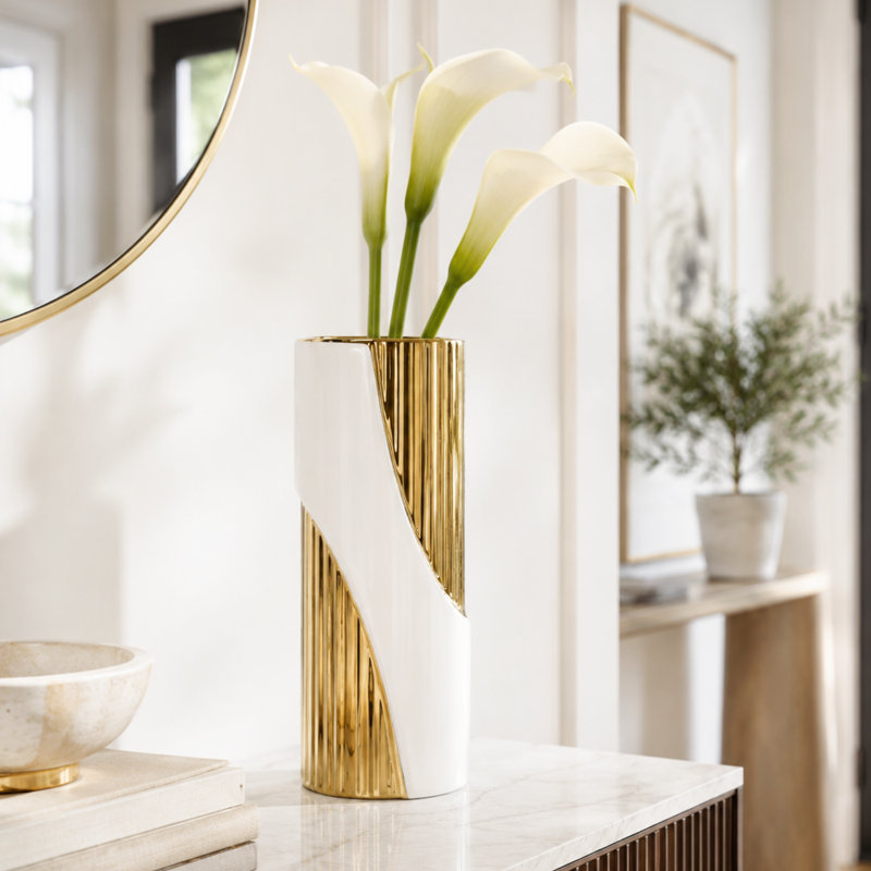 Fluted Arc 10" White and Gold Ceramic Vase, White/Gold, 10" H x 4.5" W x 4.5" D