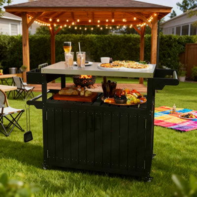 Plateau de table de bar extérieur, chariot de bar extérieur avec rangement, îlot de cuisine à roulettes pour la préparation des aliments