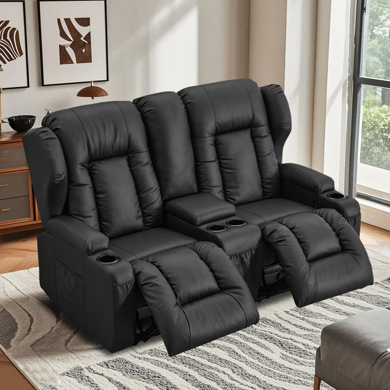 Causeuse manuelle inclinable avec console centrale, rangement et porte-gobelets, Similicuir noir