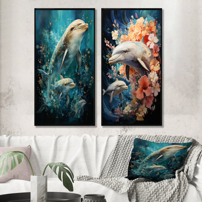 Dolphin Aquatic Harmony - Dolphin Wall Art Prints Set Of 2