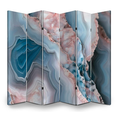 Paravent 6 panneaux à cloison pliable en agate abstraite bleu pierre rose et blanc