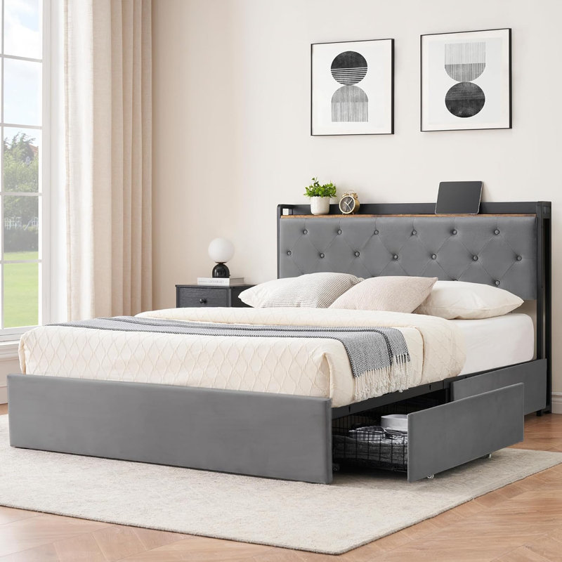 Cadre de lit, cadre de lit plateforme tapissier avec 4 tiroirs, tête de lit avec rangement, support de lattes en bois, cadre de lit en métal avec station de charge, aucun sommier nécessaire, gris