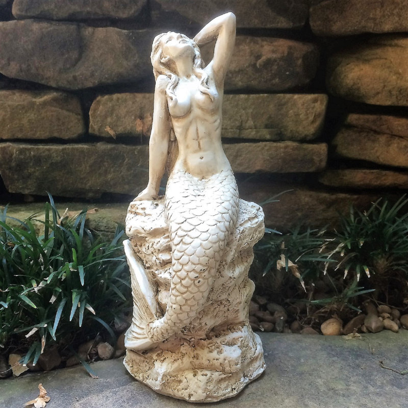 Statue de sirène sur la côte, H 15 po x l 5 po x P 6,25 po, Blanc antique