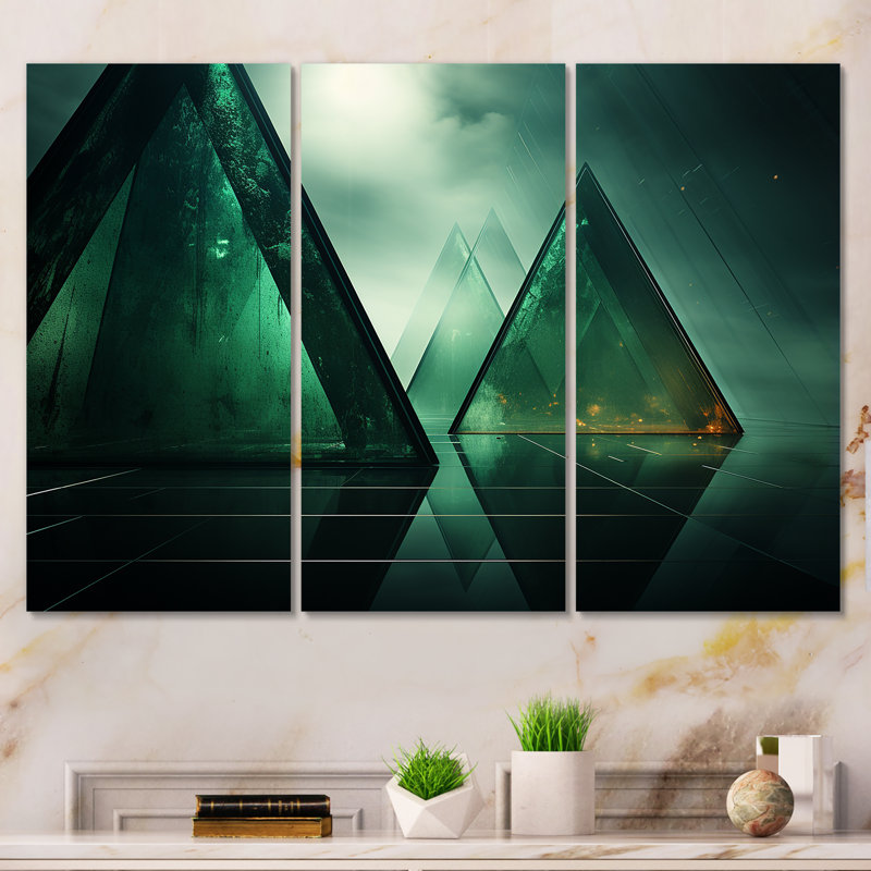 «Green Abstract Echoes Of Pyramid IV», art mural géométrique, Toile tendue, H 28 po x l 36 po x P 1 po